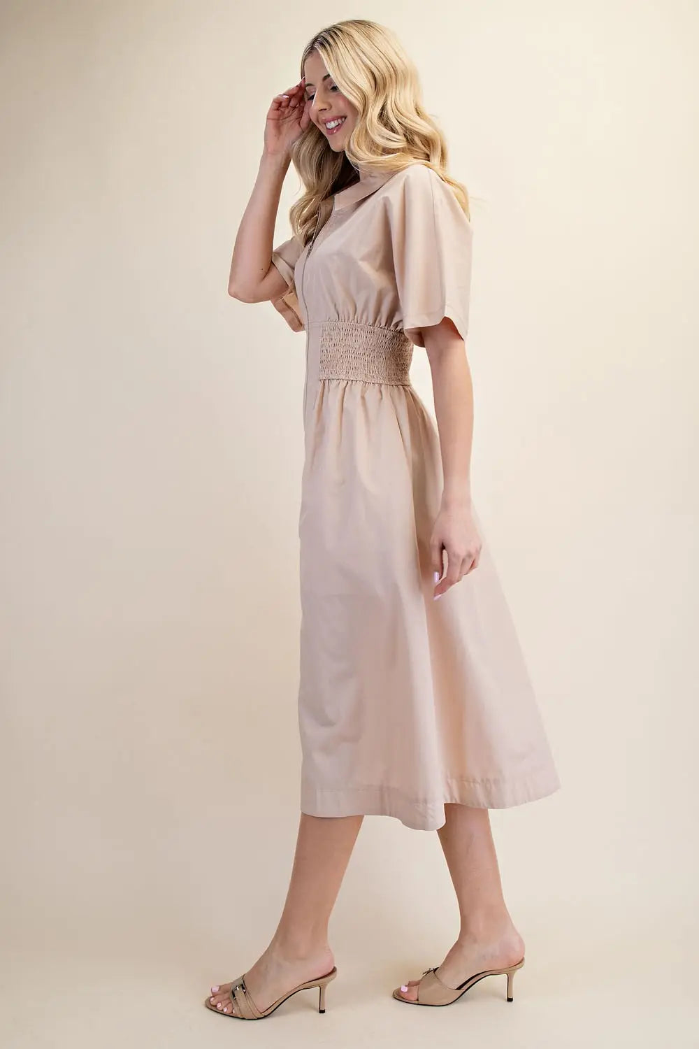 Collar Neck Short Sleeve Midi Dress Beige