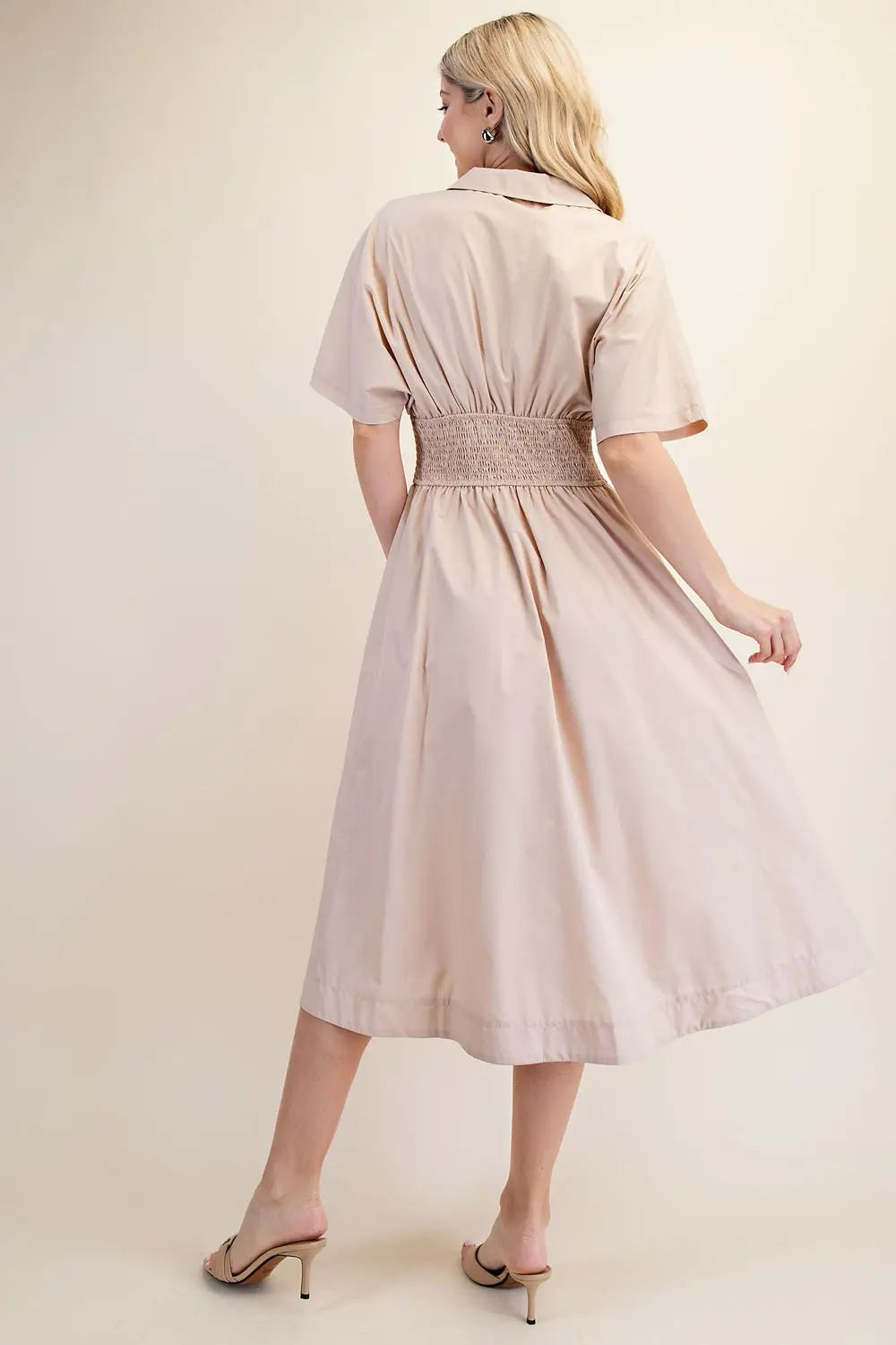 Collar Neck Short Sleeve Midi Dress Beige