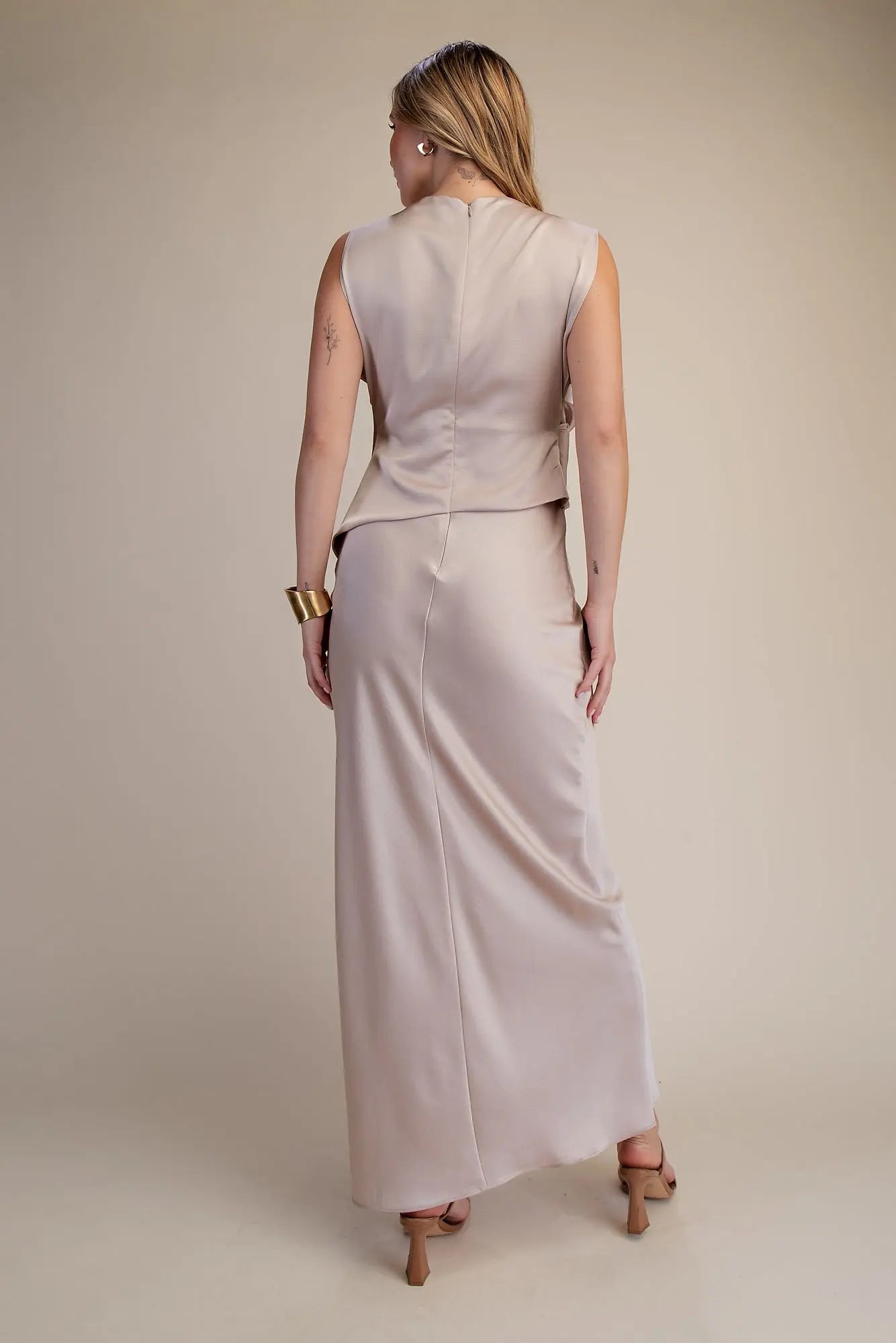 Mock Neck V Neckline Satin Dress Taupe