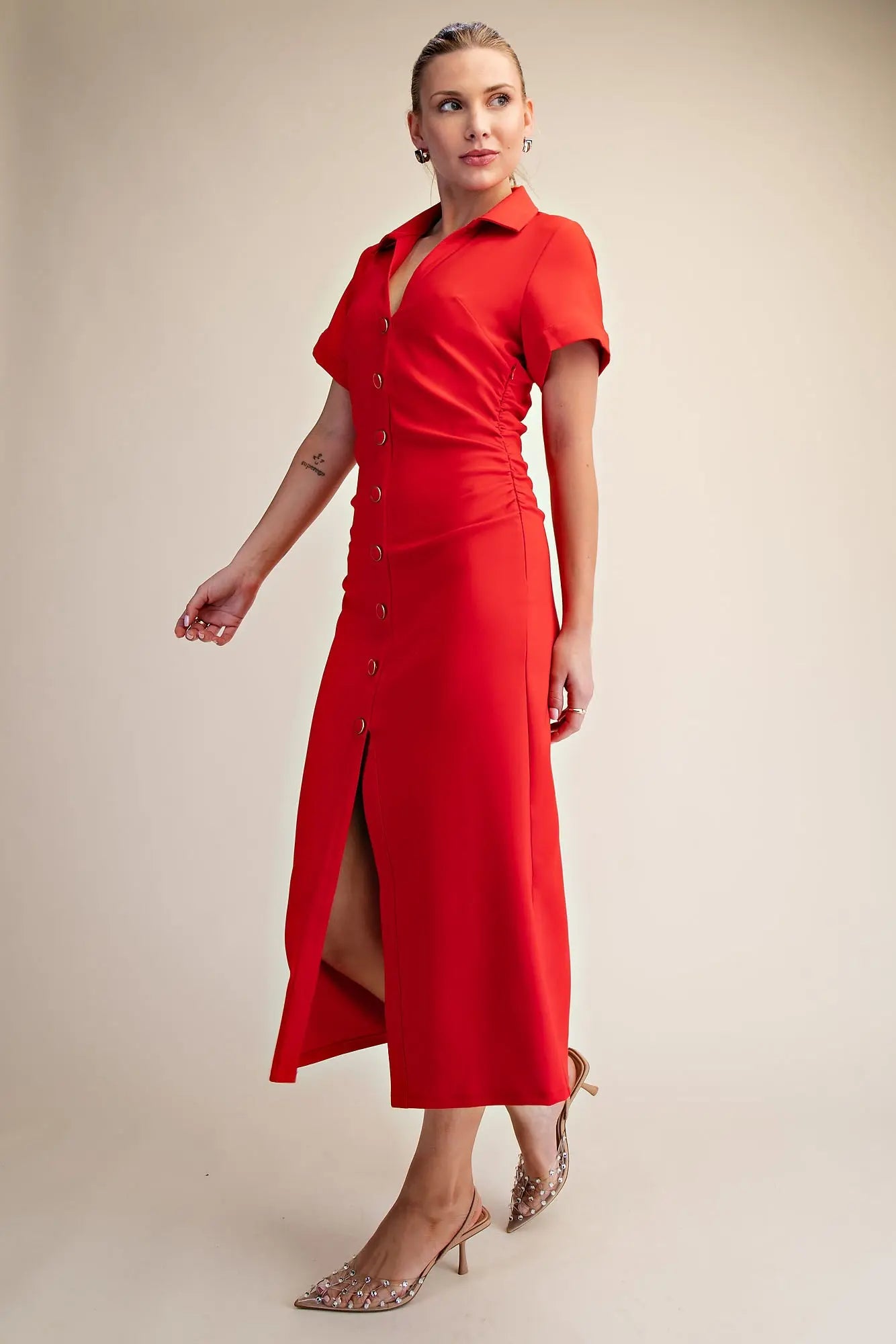 Button Down Side Ruching Midi Dress