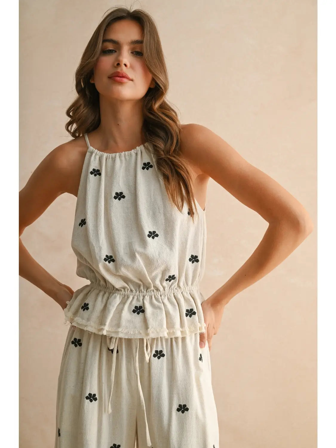 Embroidery Detail Halter Linen Set