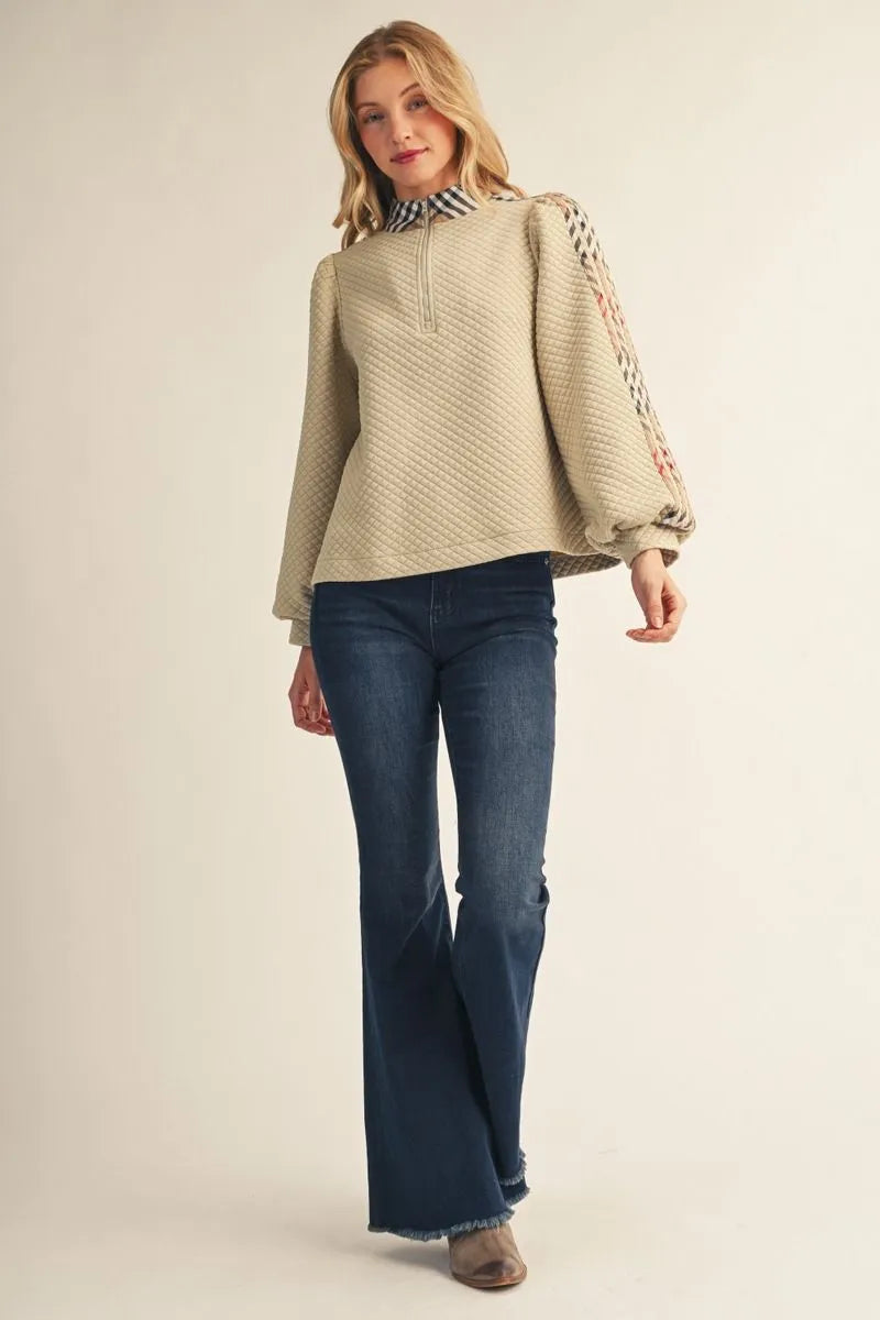 Zip Up Textured Top w Plaid Detail