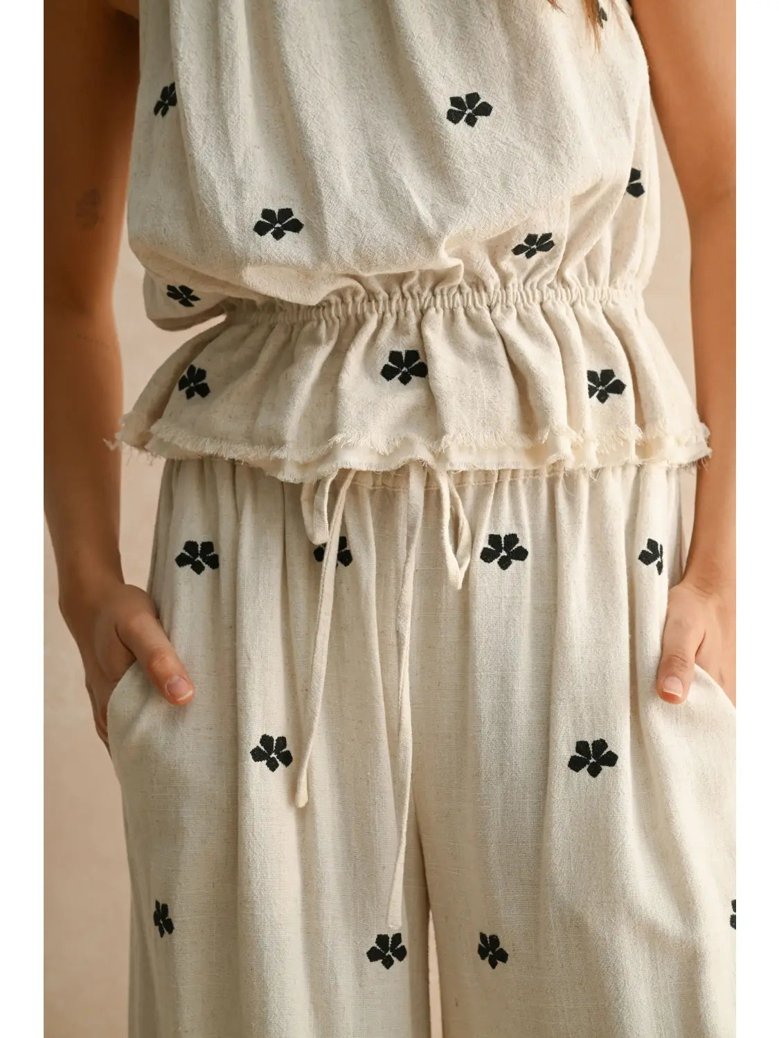 Embroidery Detail Halter Linen Set