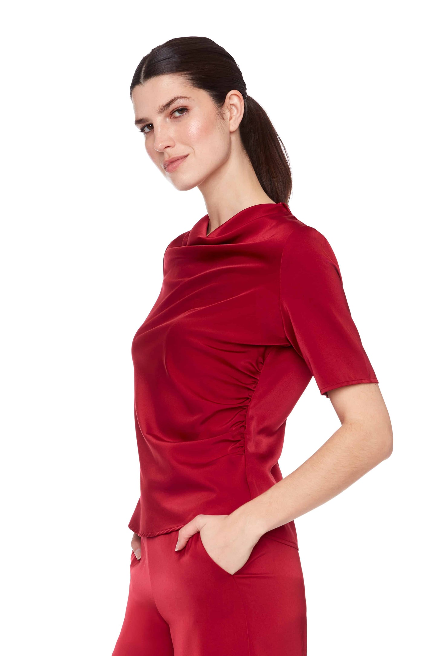 Up! Satin Cowl Neck Top Lava