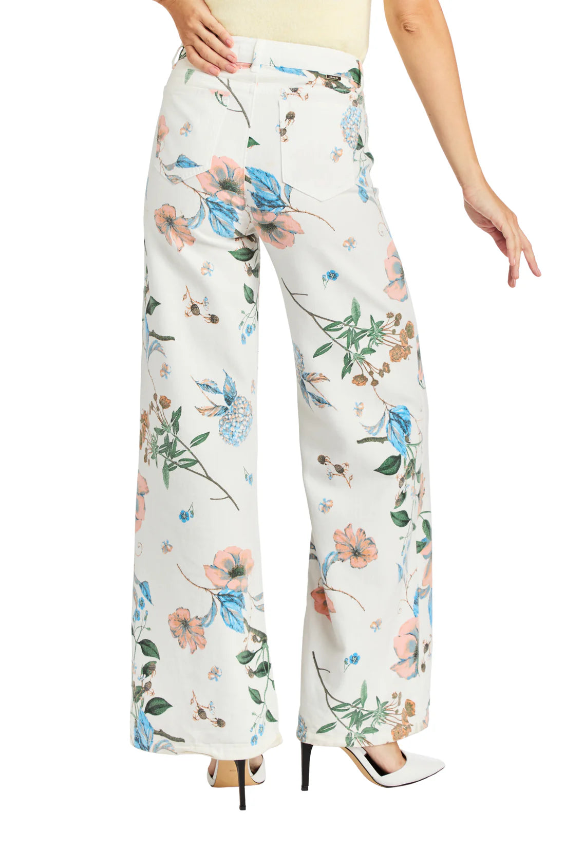 Tractr Floral Printed Wide Leg White Jean