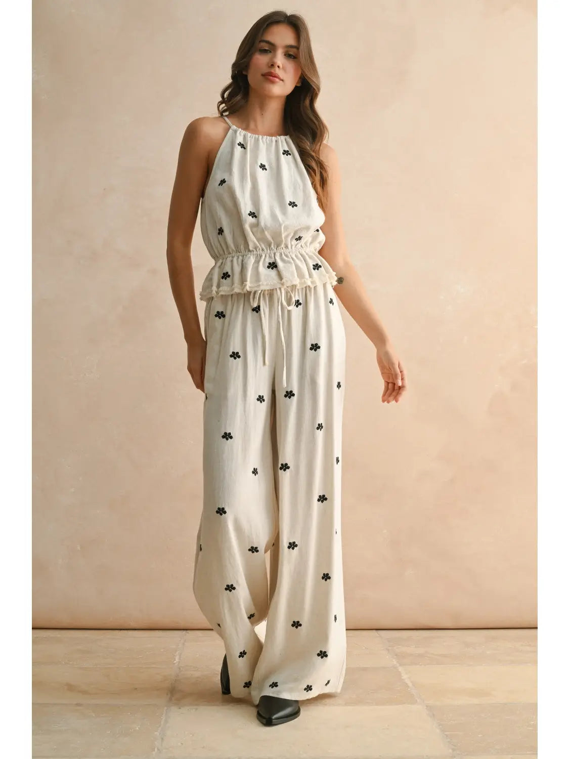Embroidery Detail Halter Linen Set