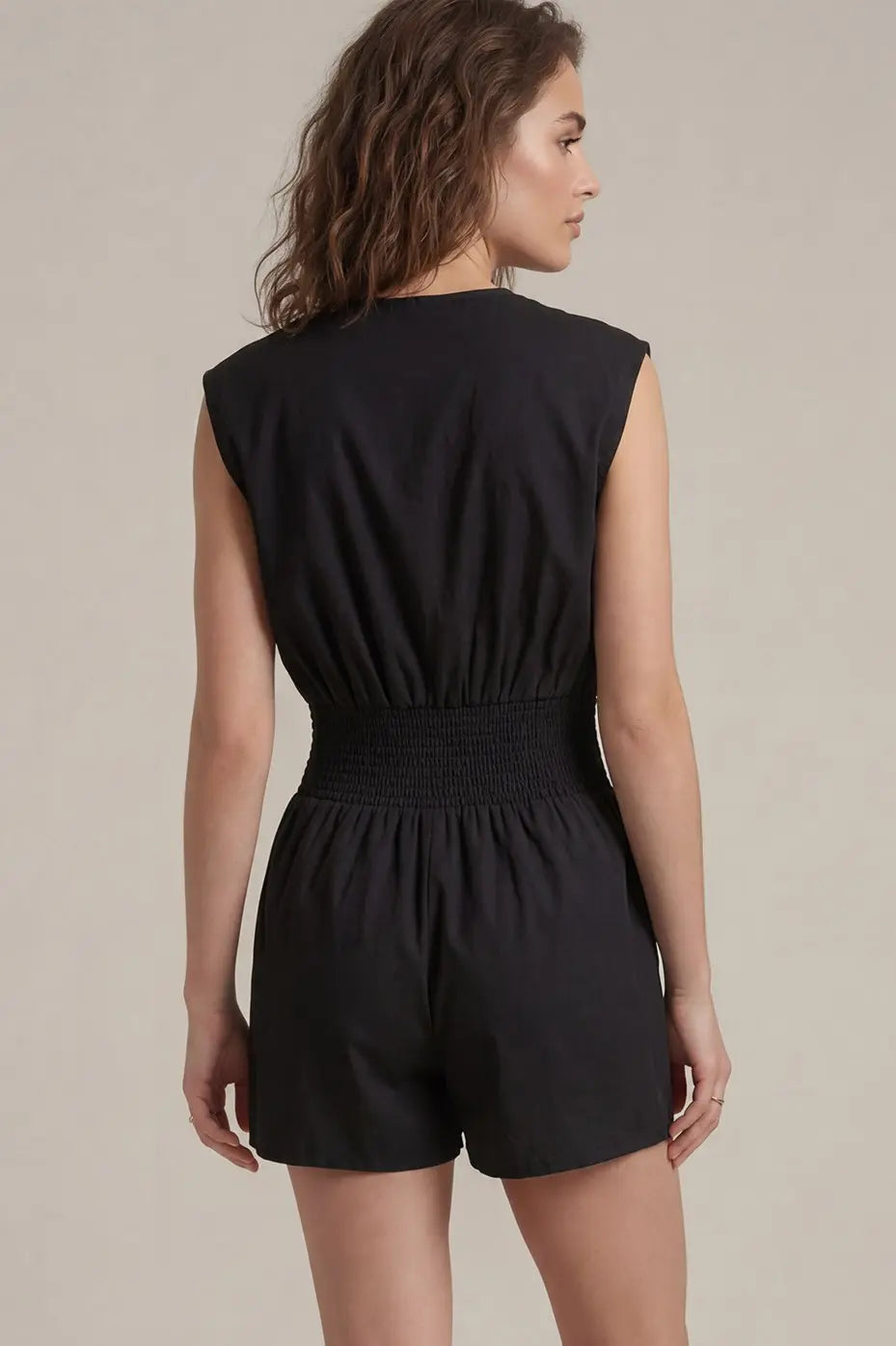Cap Sleeve Smocked Romper w Pockets Black