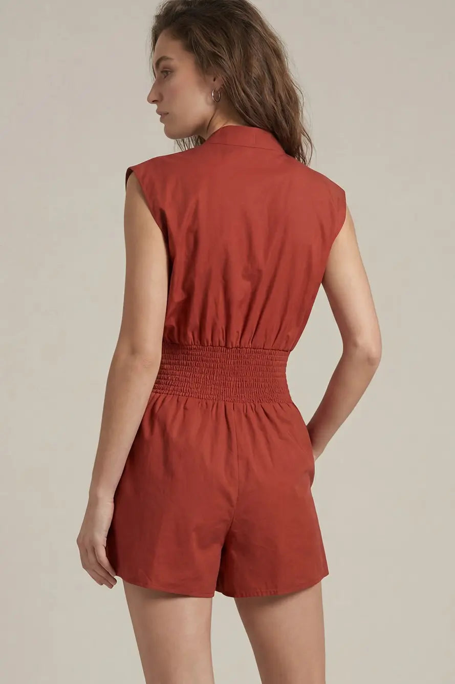 Cap Sleeve Smocked Romper with Pockets Garnet