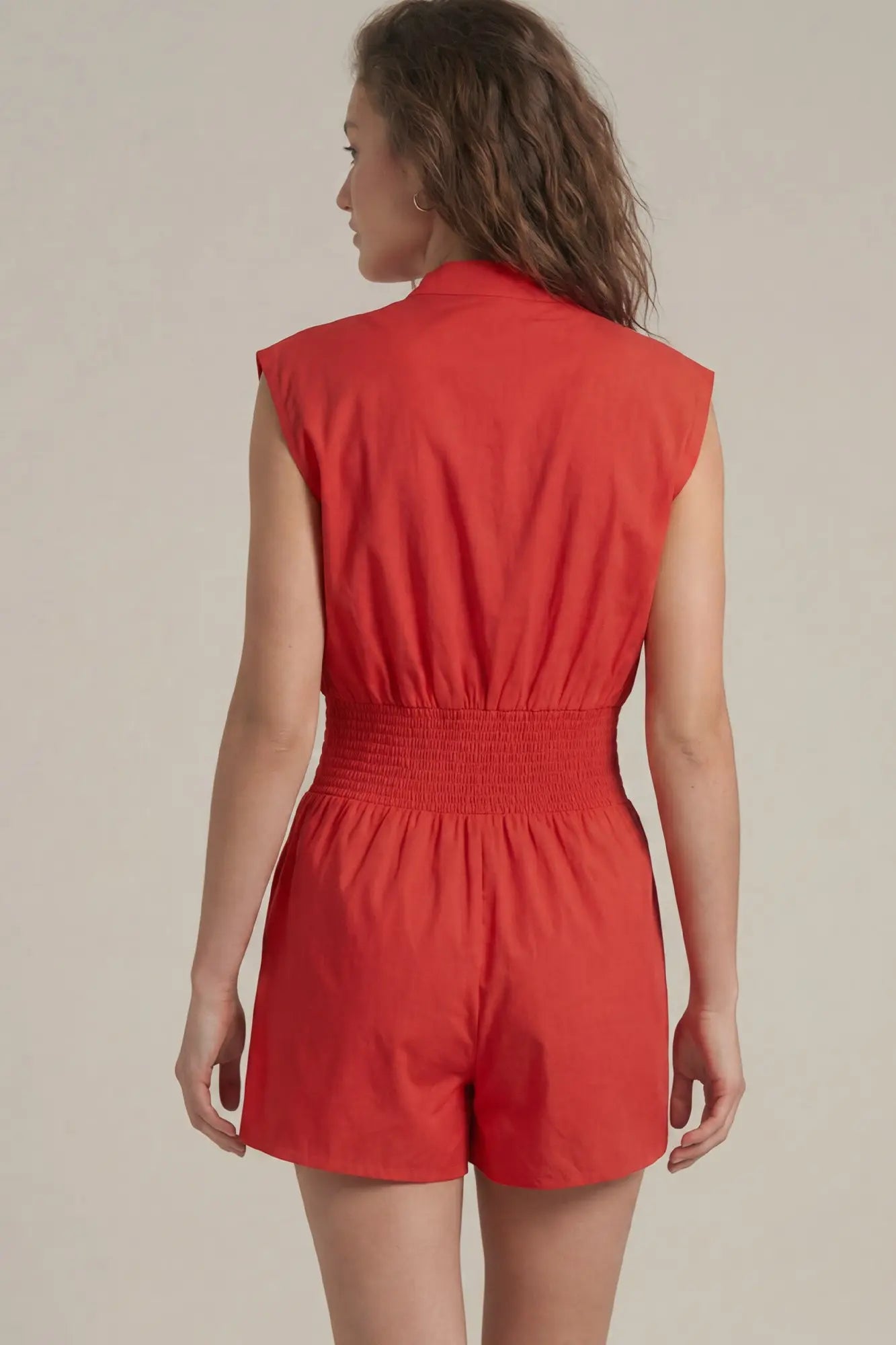Cap Sleeve Smocked Romper w Pockets Red