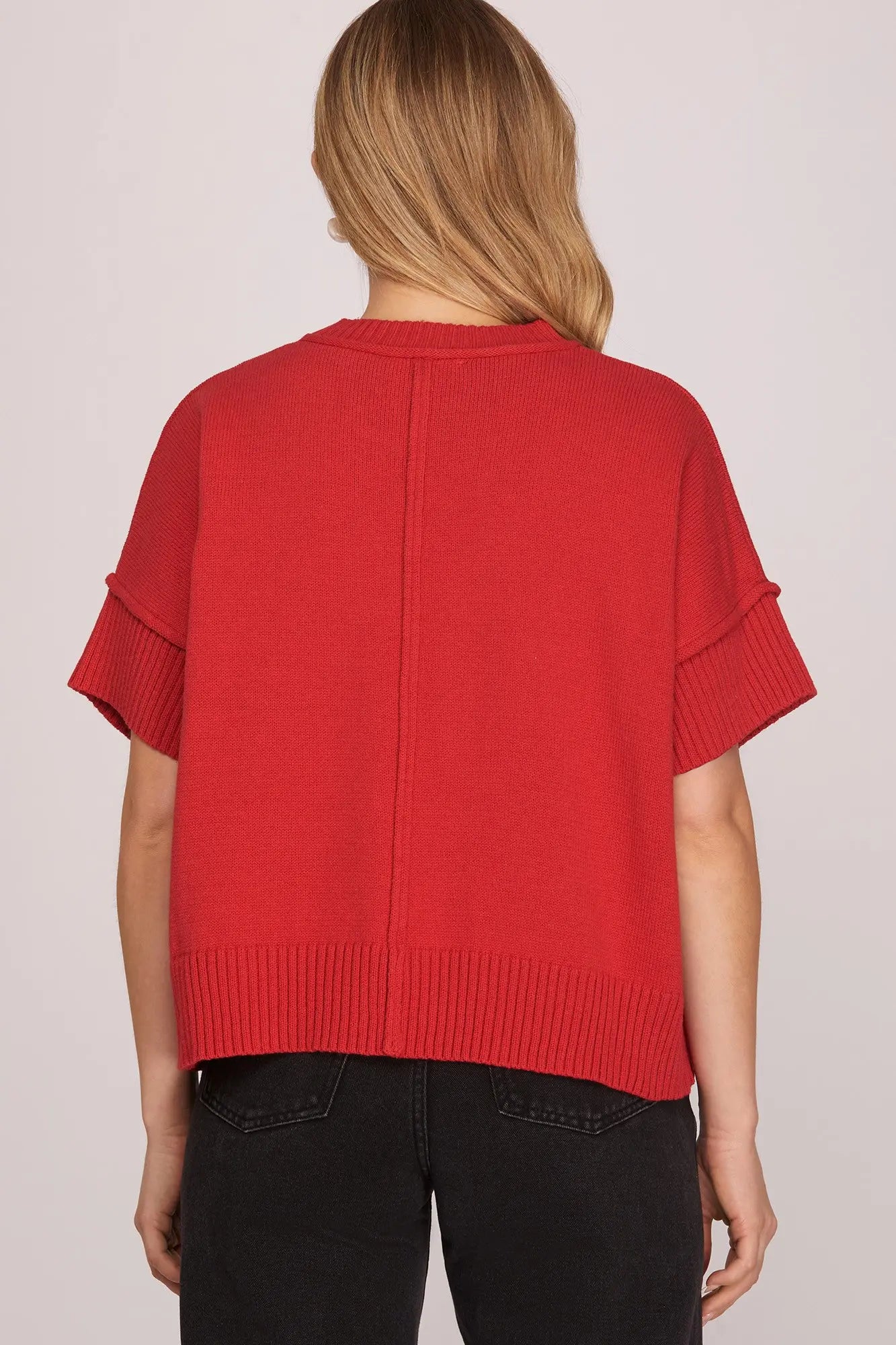 Drop Half Sleeve Crew Neck Sweater Top Red