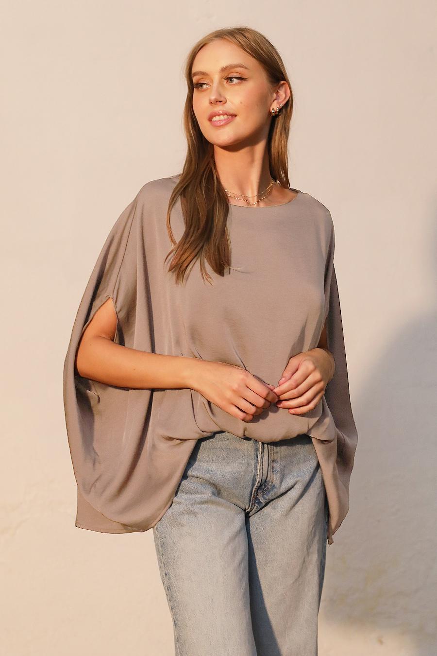 KLd Boat Neck Caftan Blouse Taupe