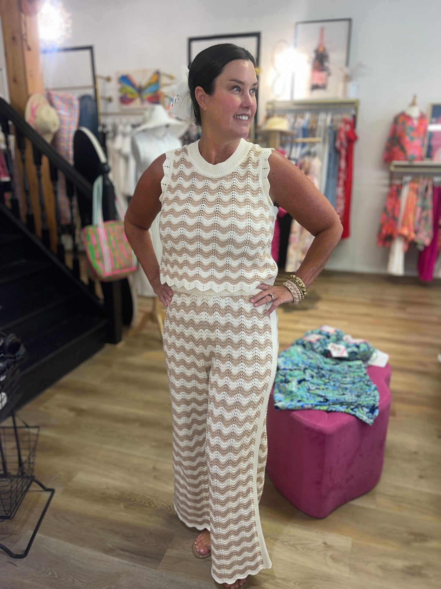 Crochet Knitted Pant Set Tan