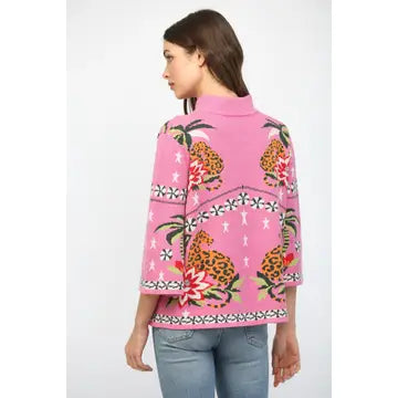 Front Neck Tie Print Knit Sweater