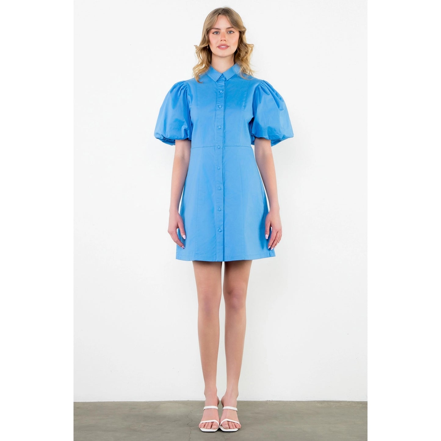 THML Puff Sleeve Button Up Dress Blue