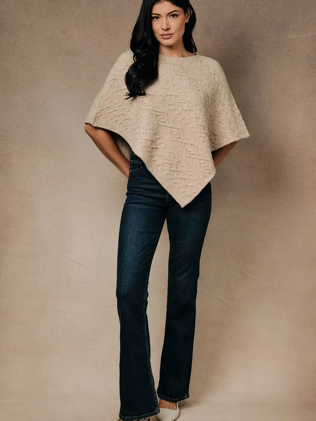 Crew Neck Asymmetric Poncho Sweater Mocha