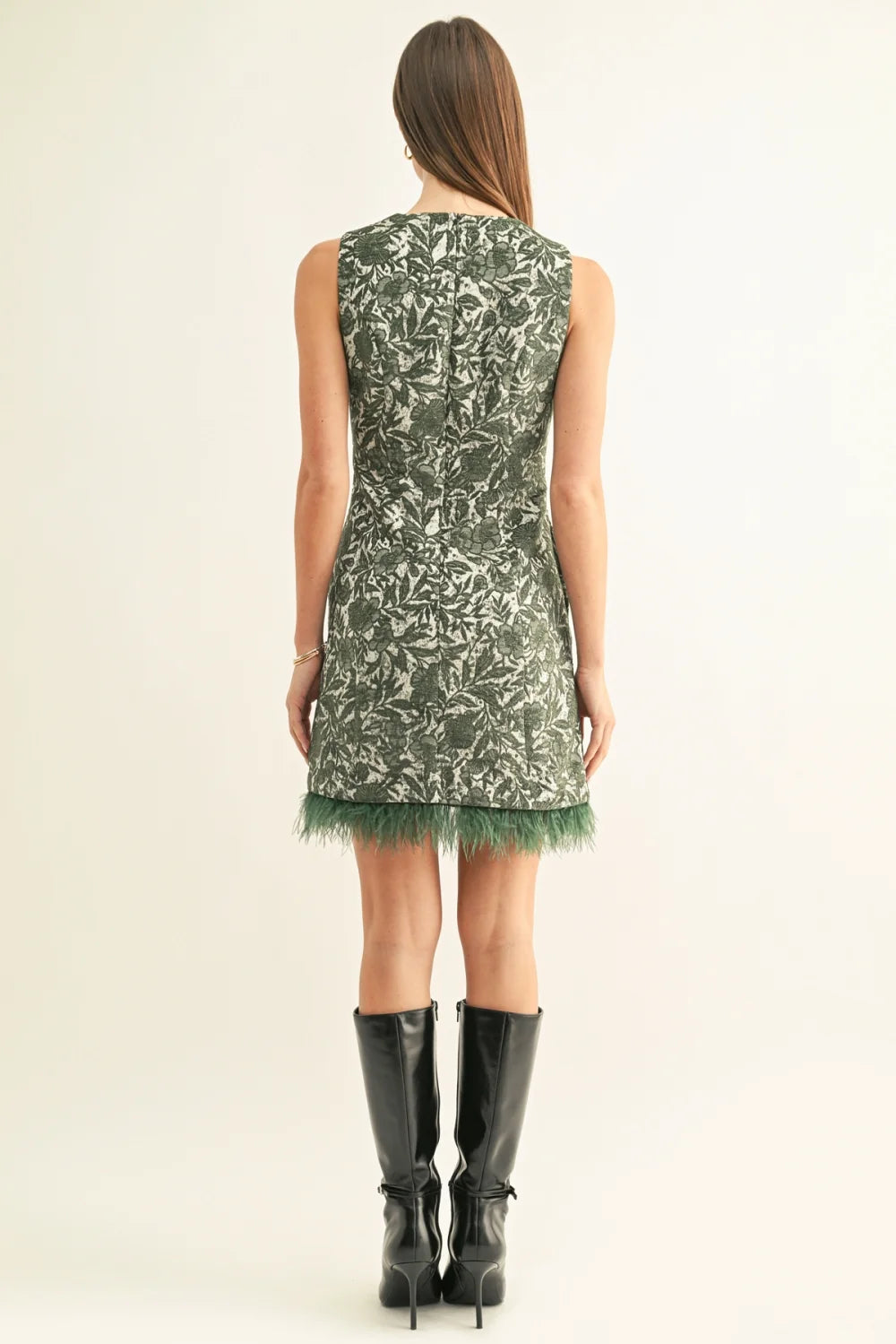 Faux Feather Hem Sleeveless Jacquard Mini