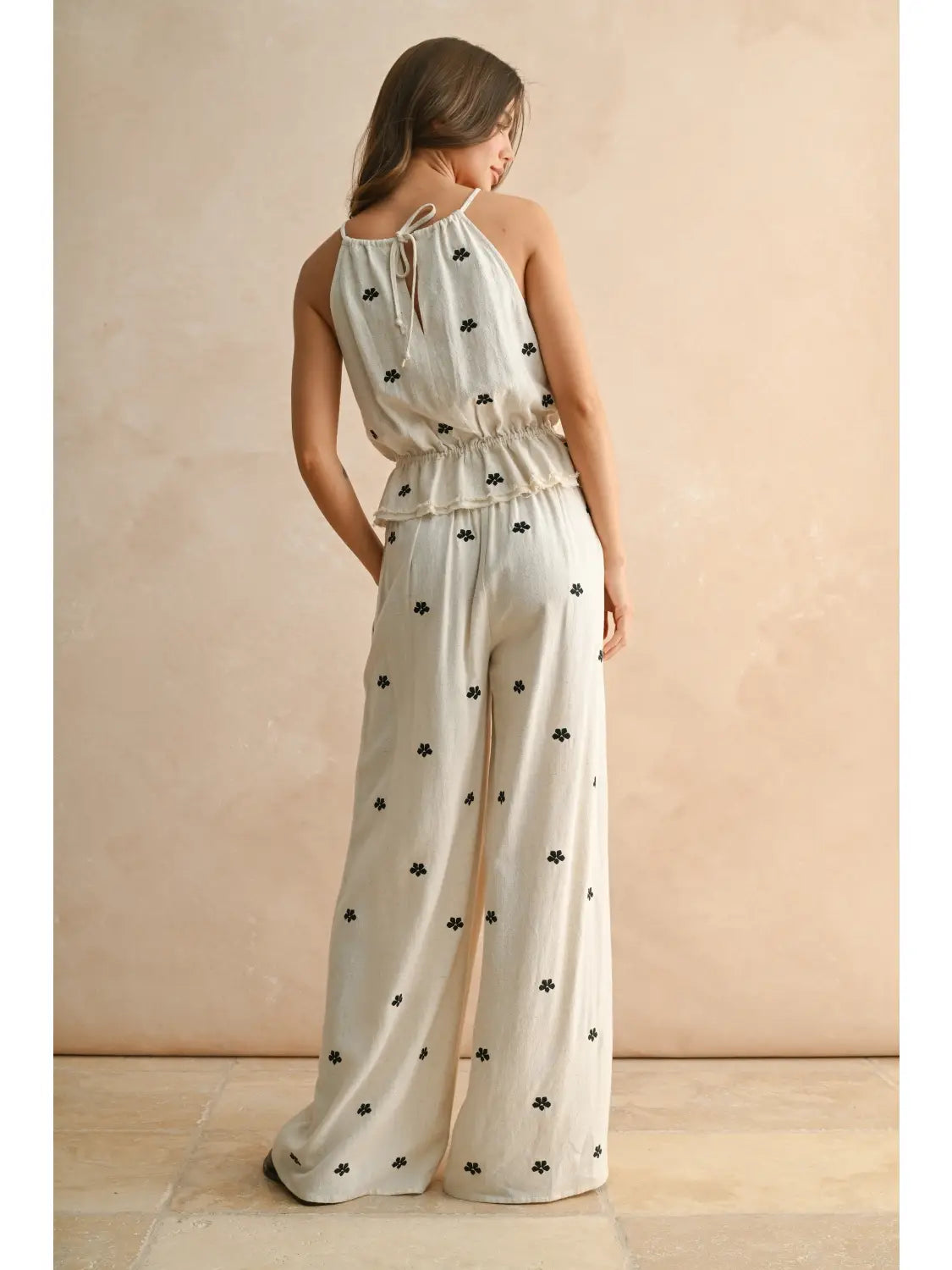 Embroidery Detail Halter Linen Set