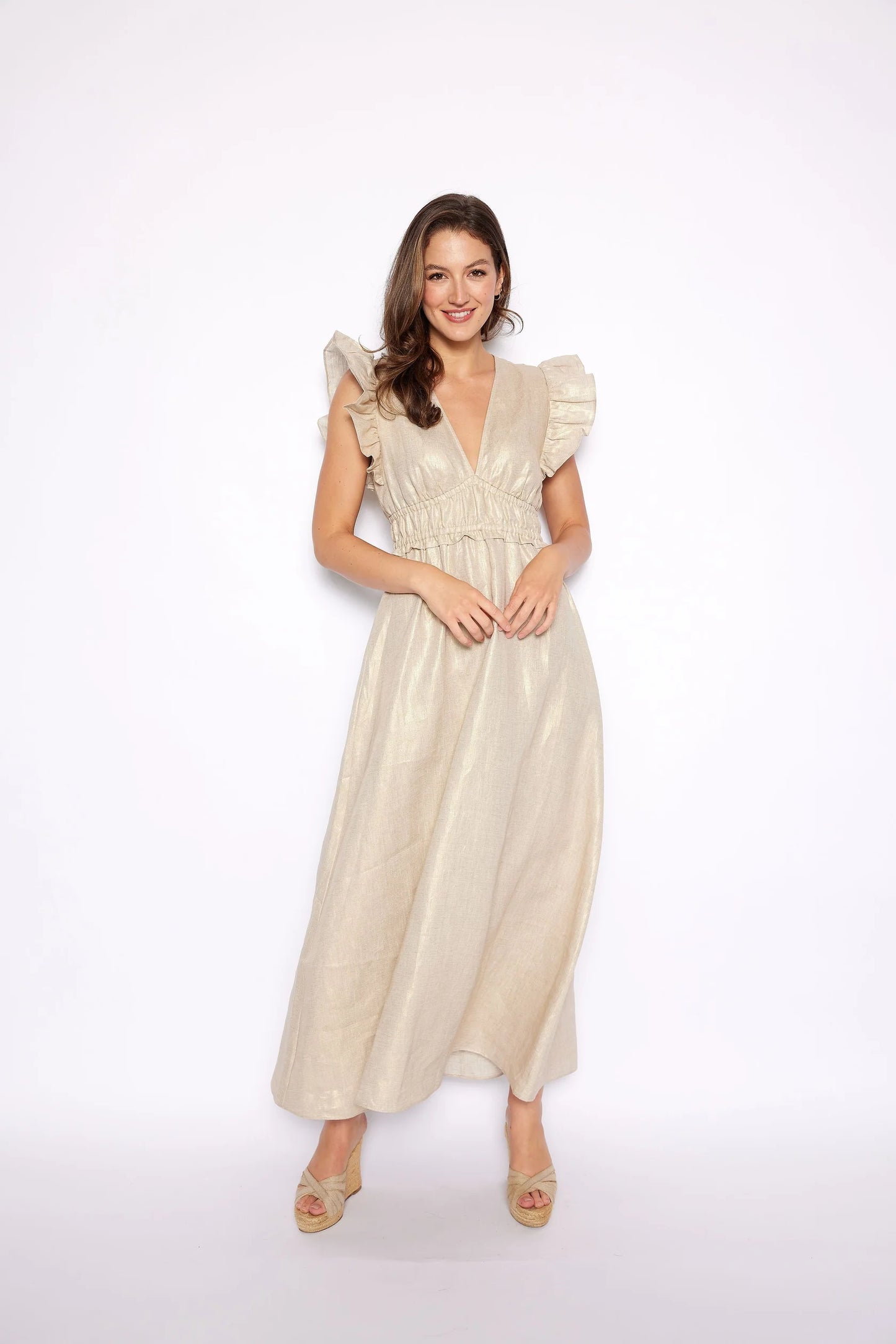 Sail to Sable V Neck Flutter Sleeve Maxi Gold