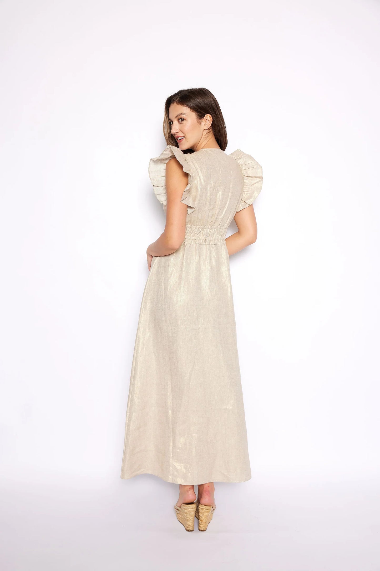 Sail to Sable V Neck Flutter Sleeve Maxi Gold
