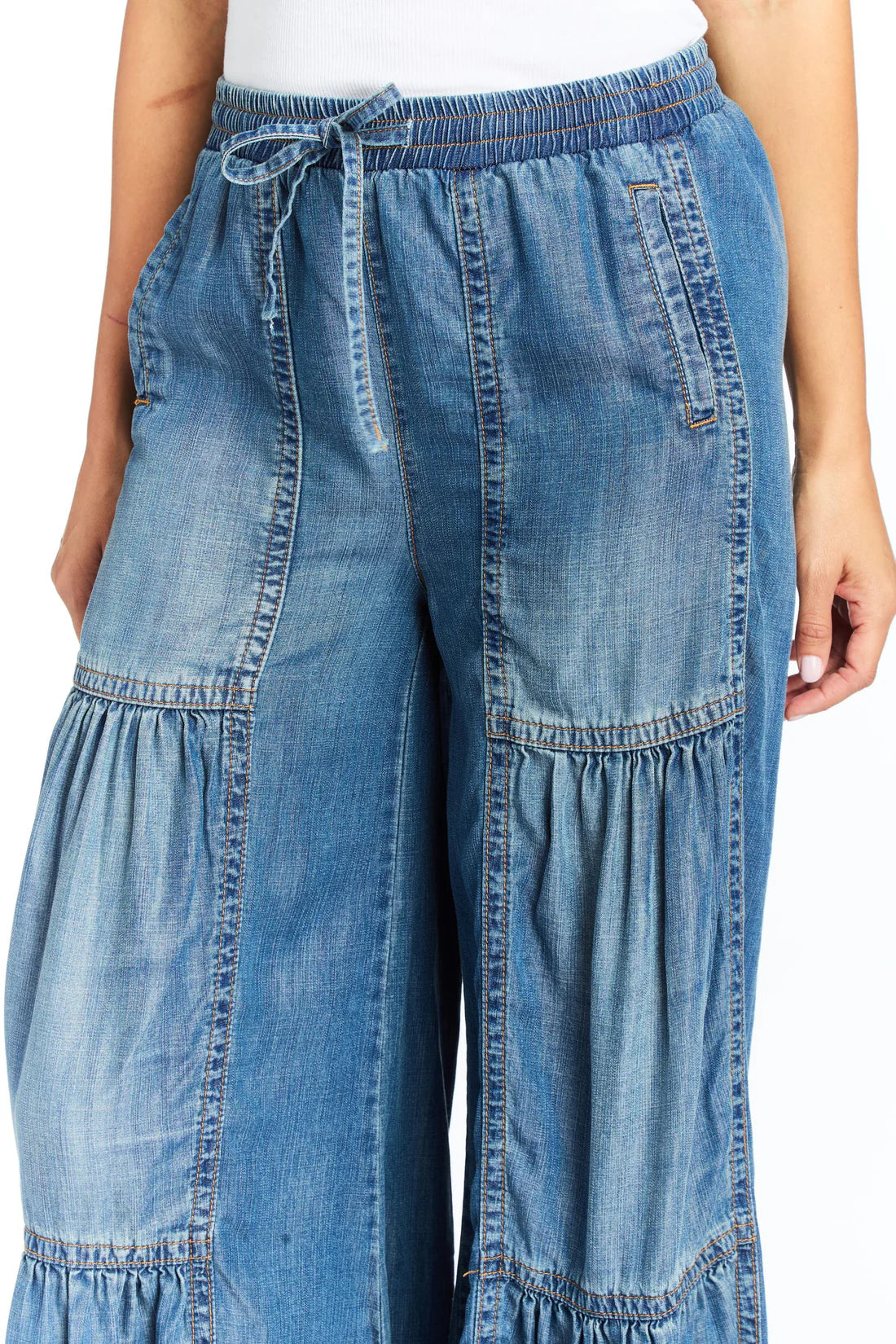 Drawstring Tiered Wide Leg Pull On Jean