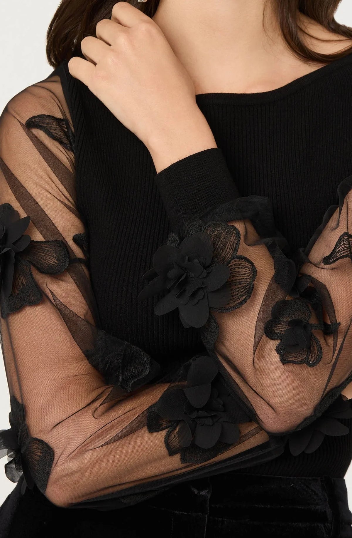 ASTR Meagan Floral Applique Sweater Black