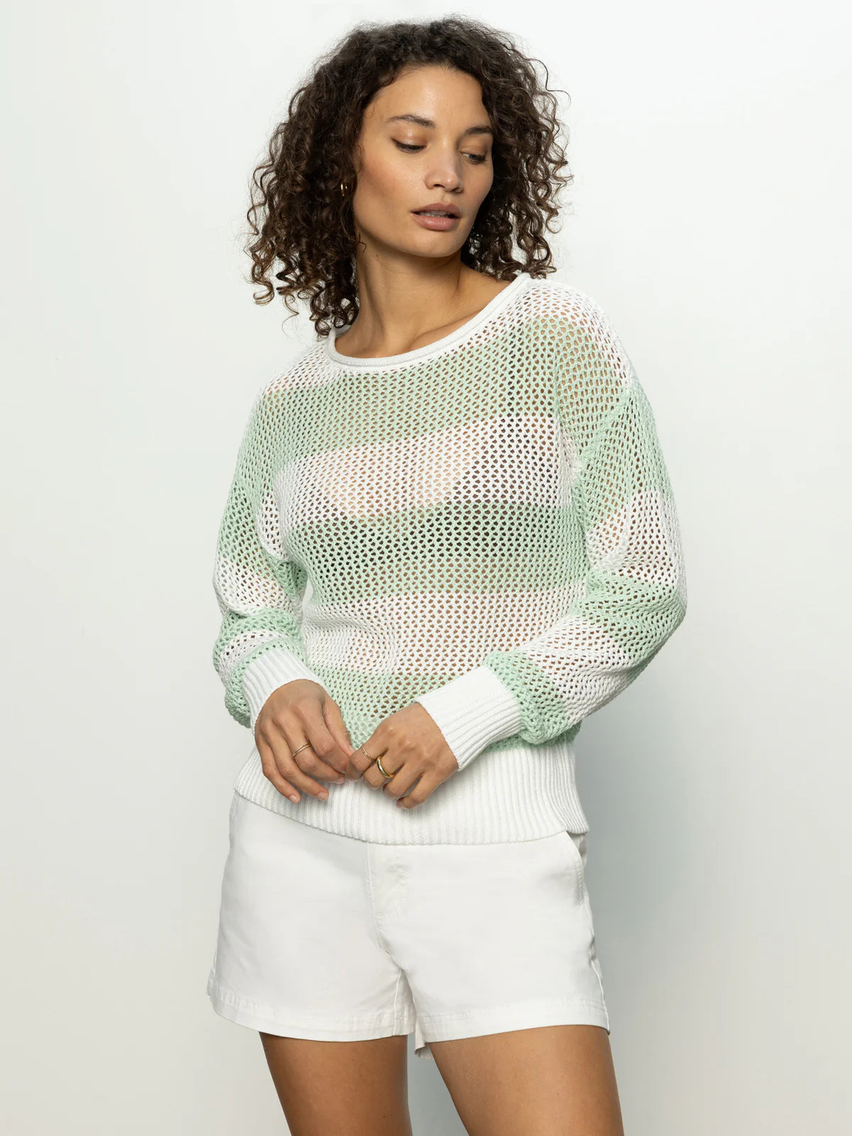 Sanctury Open Knit Sweater Mint Tea/Chalk