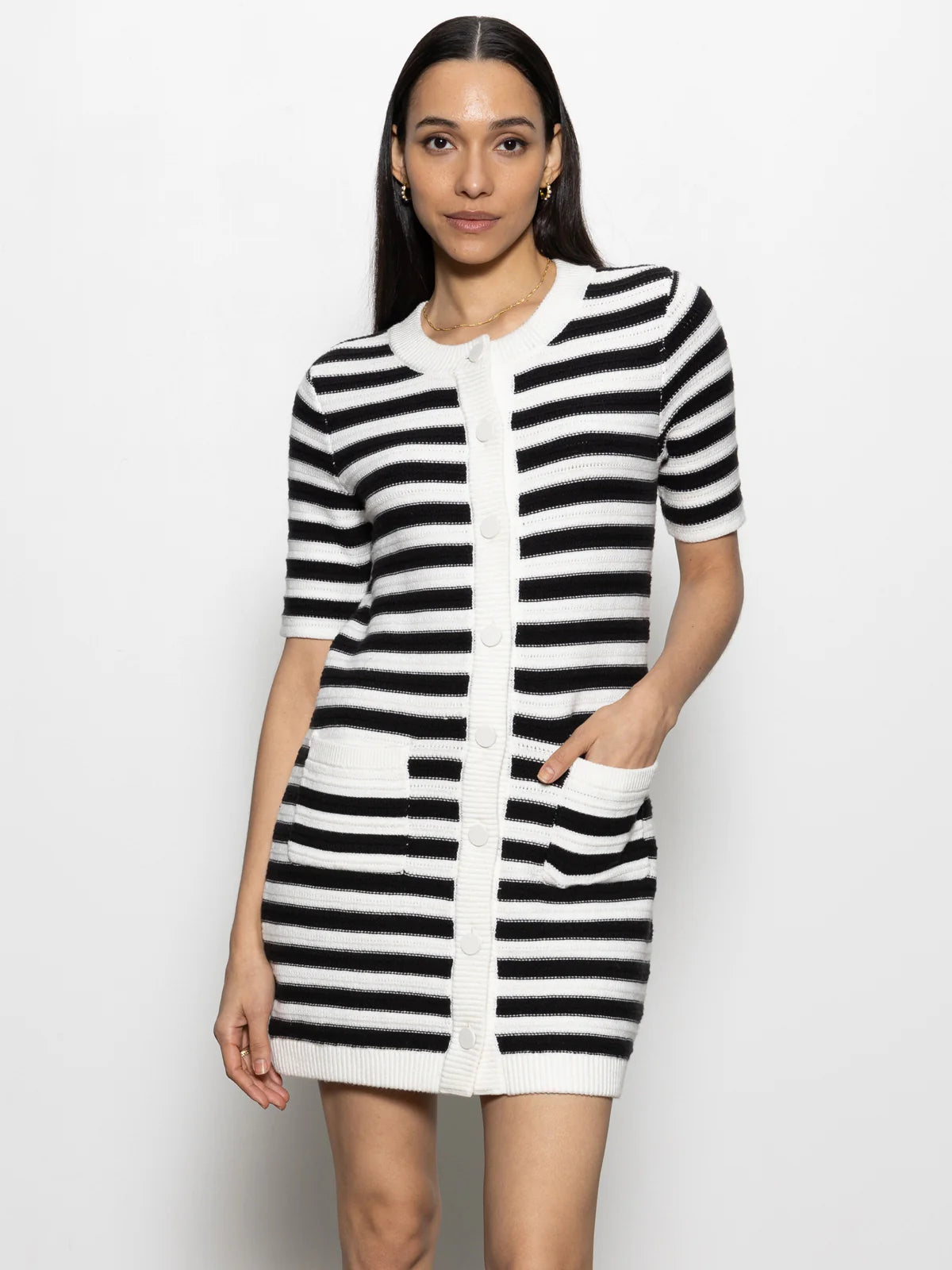 Sanctuary Button Front Knitted Dress B/W Striped