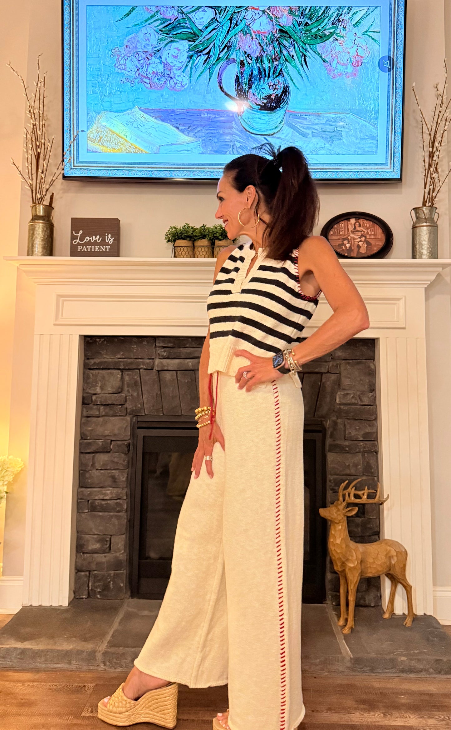 Navy Stripe Halter Top with Stitch Detail Pant Set