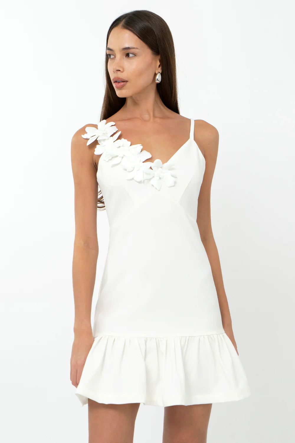 Adelyn Rae Mirabel White Floral Applique Ruffle Mini Dress