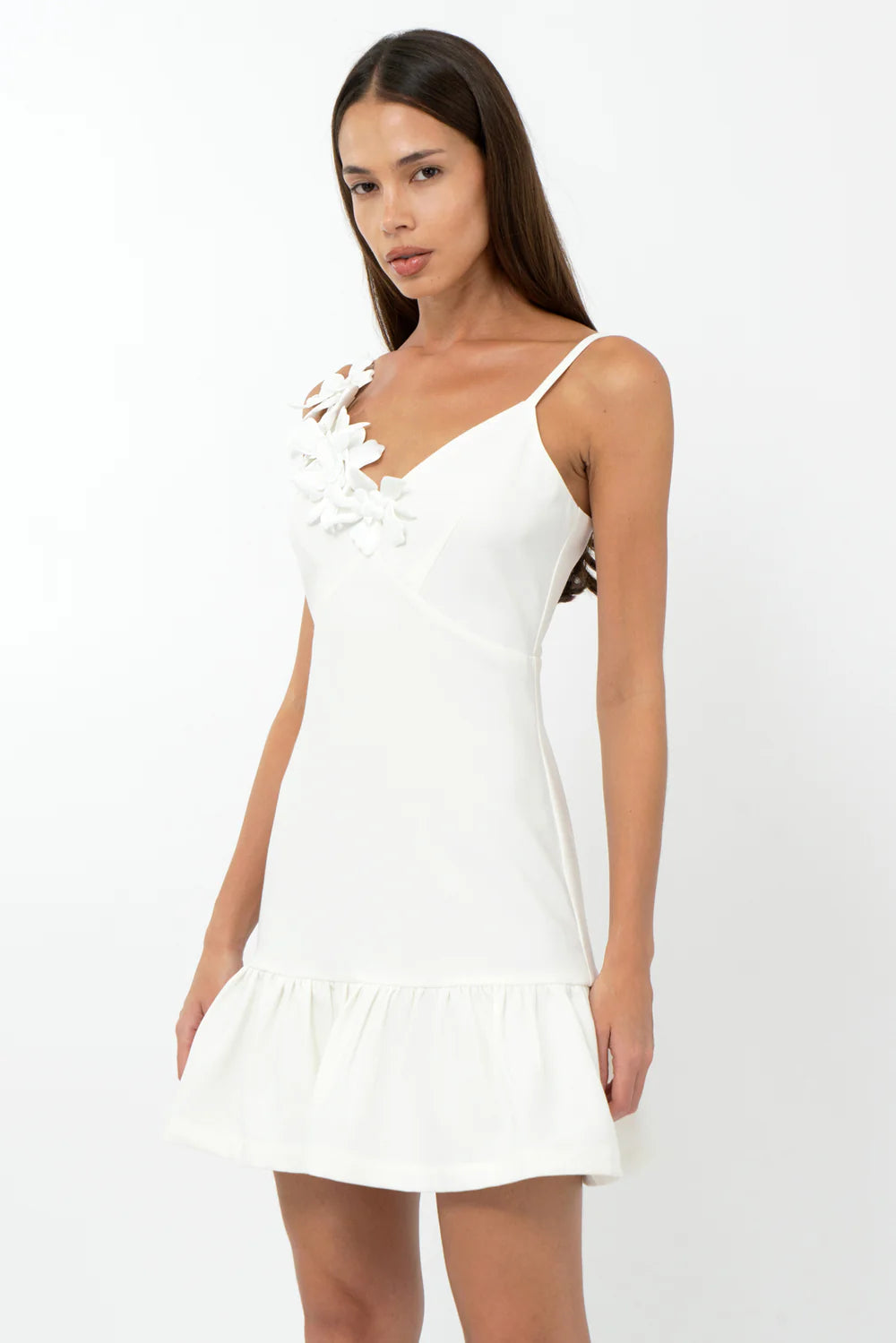Adelyn Rae Mirabel White Floral Applique Ruffle Mini Dress