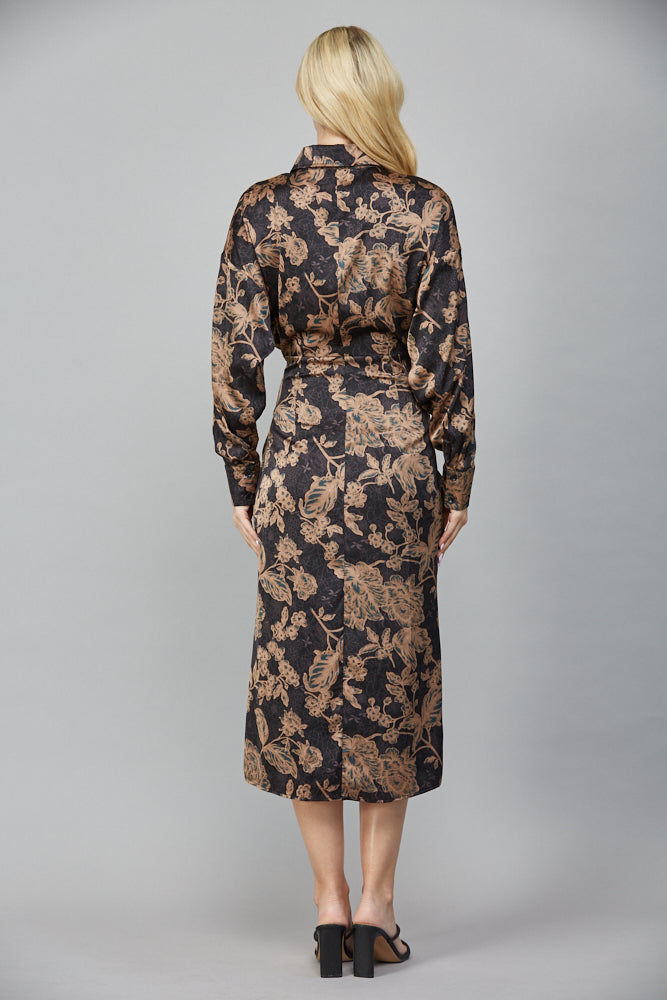 PRINT SATIN FRONT TIE MIDI DRESS Black Taupe
