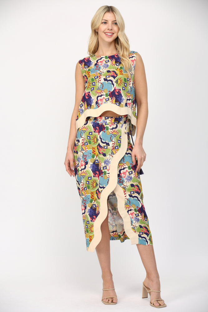 Summer Print Sleeveless Top w/ Wrap Skirt Set