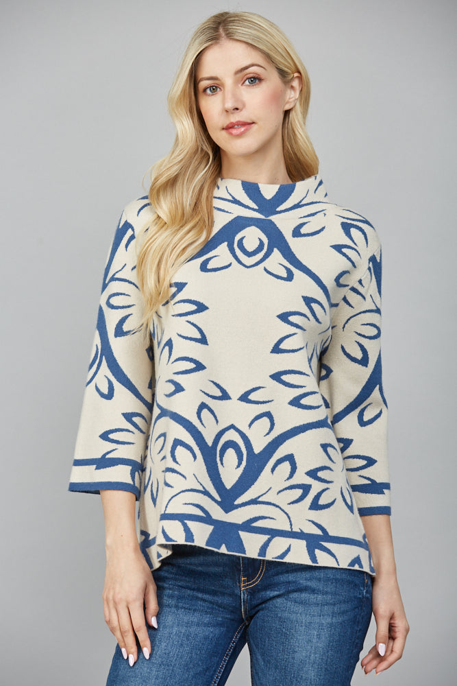 Cream Teal Jacquard Mock Neck Sweater