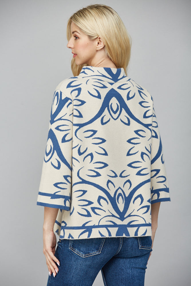 Cream Teal Jacquard Mock Neck Sweater