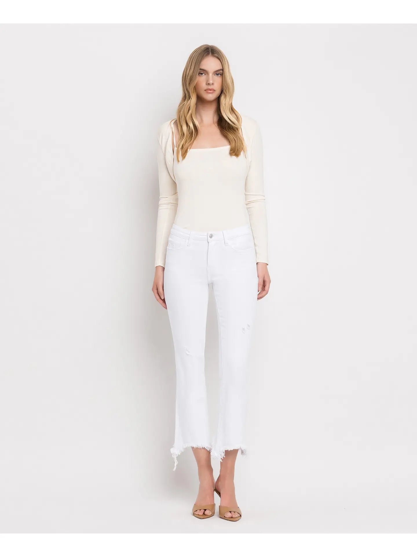 Vervet Mid Rise Distressed Hem Jean White