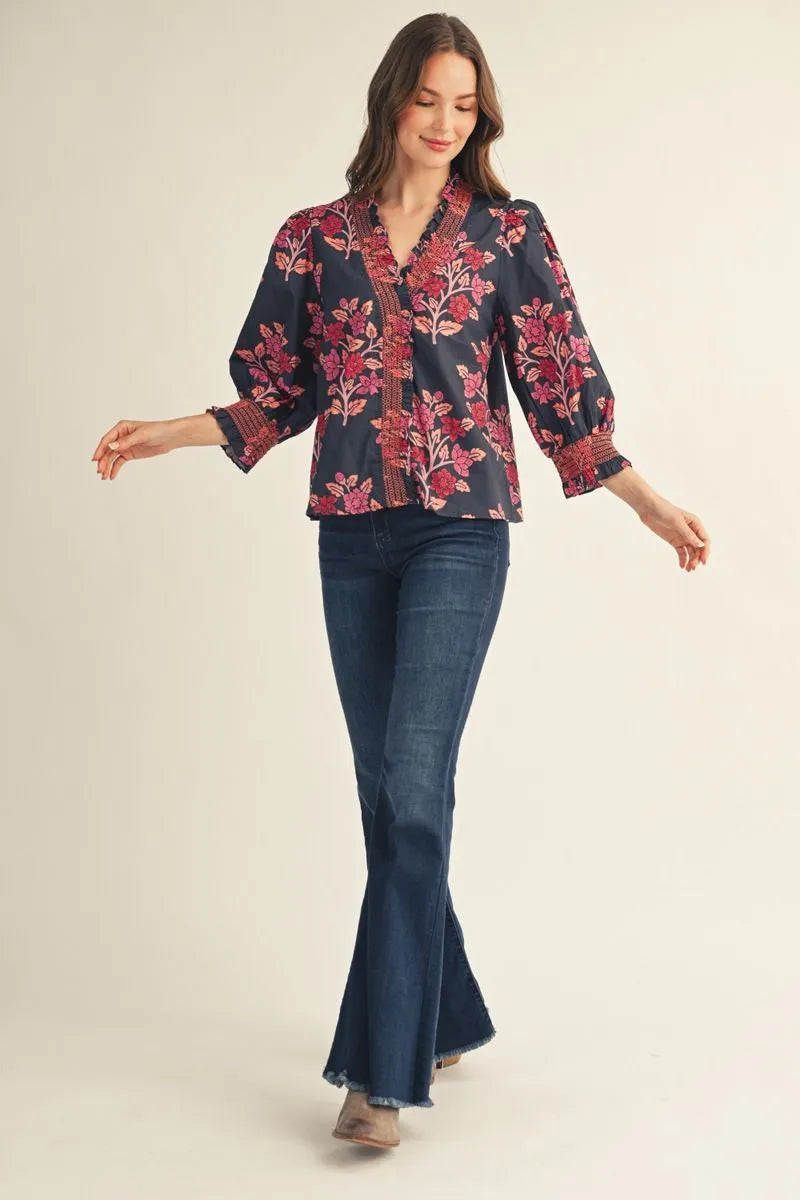 Puff Sleeve Floral Top with Embroidered Smocking