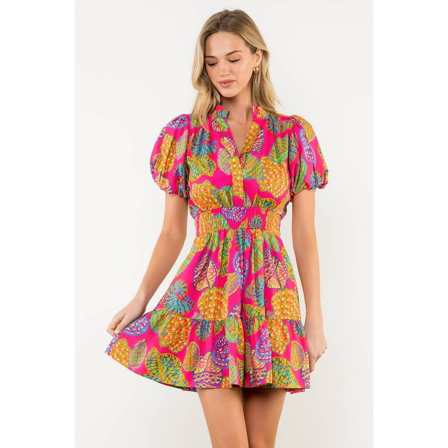 THML Smocked Waist Puff Sleeve Print Dress