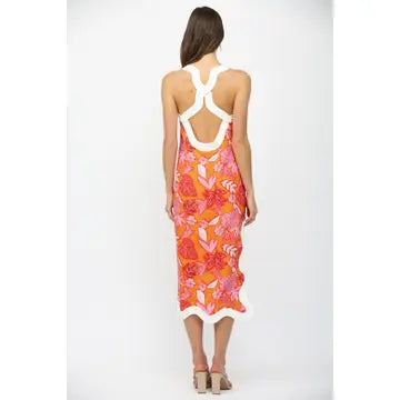 Wavy Edge Tropical Print Midi Dress