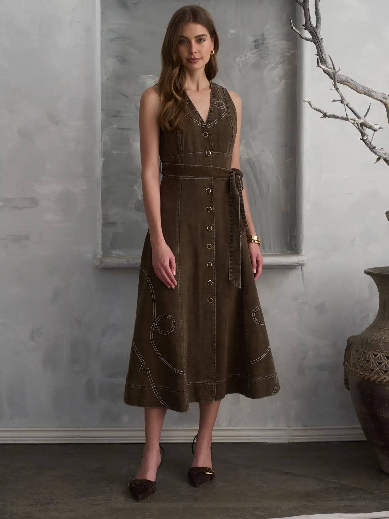 Moon River Denim Embroidered Midi Dress