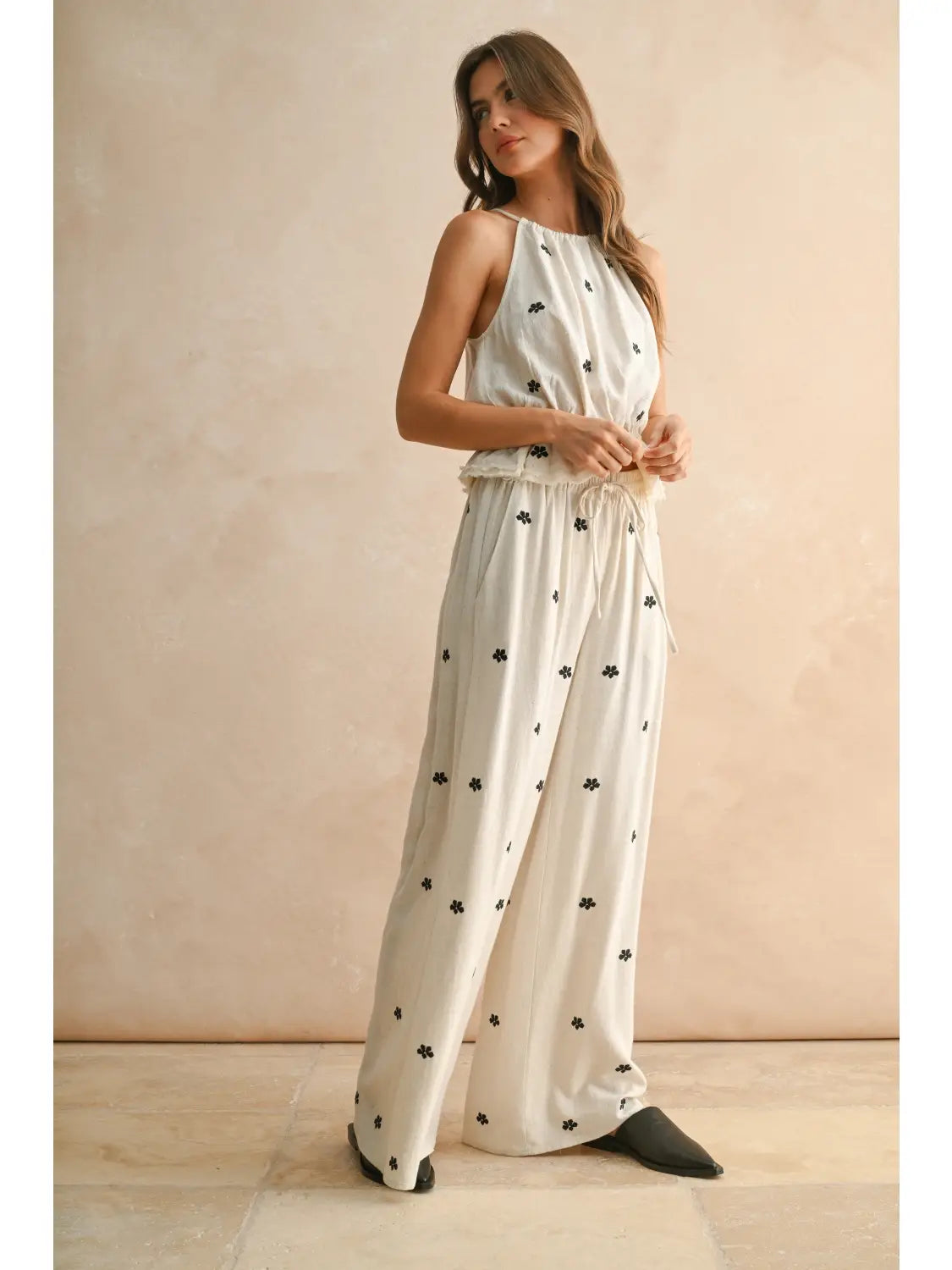 Embroidery Detail Halter Linen Set