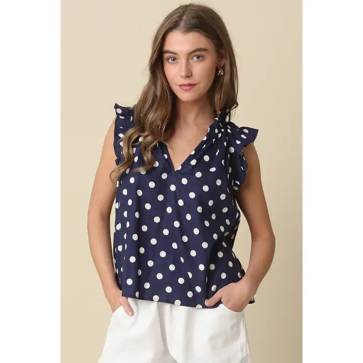 Polka Dot Ruffle Sleeve Blouse Navy