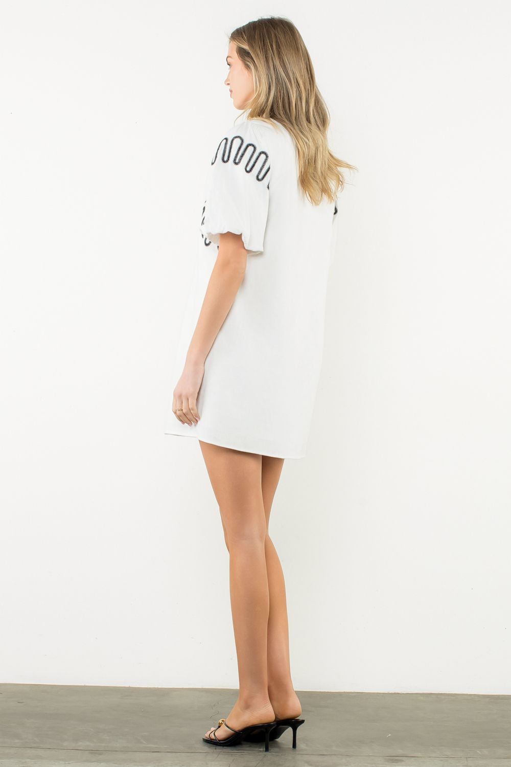 THML Puff Sleeve Embroidered Dress Blk/Wht