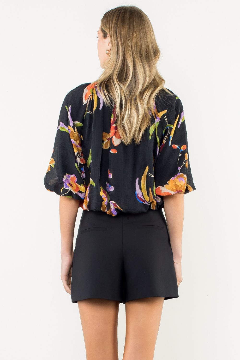 THML Puff Sleeve Floral Blouse Black