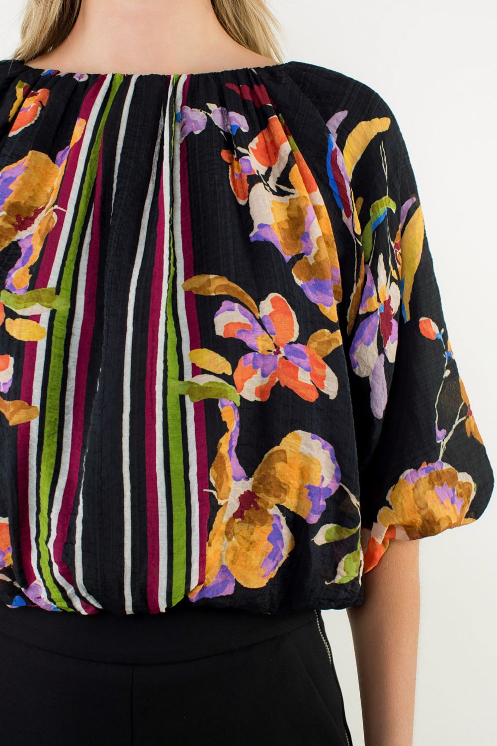 THML Puff Sleeve Floral Blouse Black
