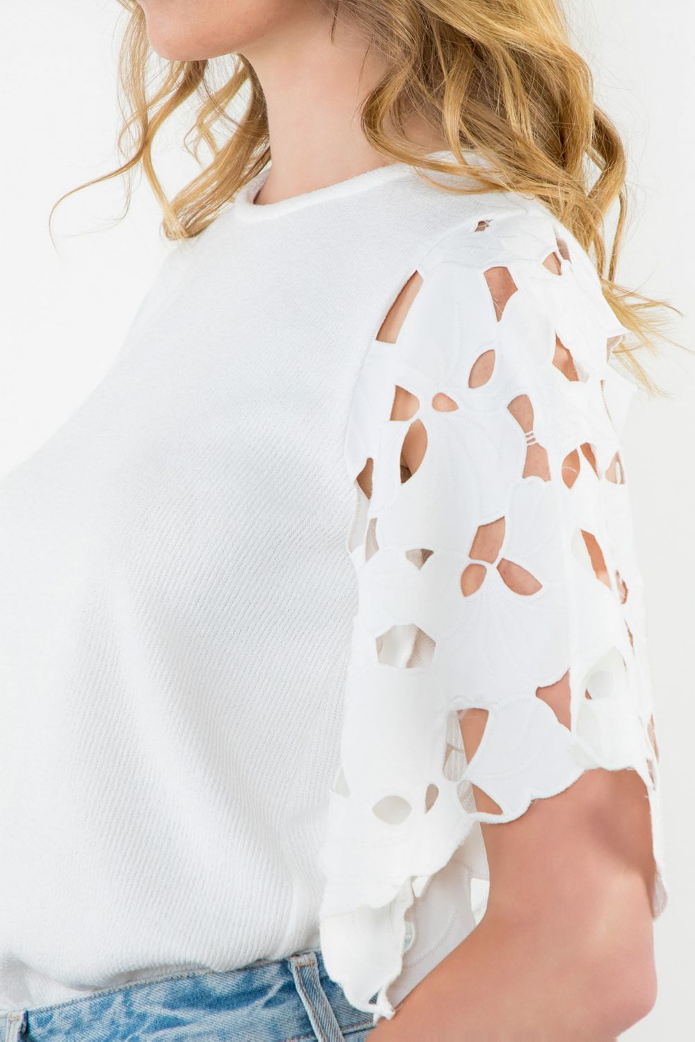 THML Floral Eyelet Sleeve Top White