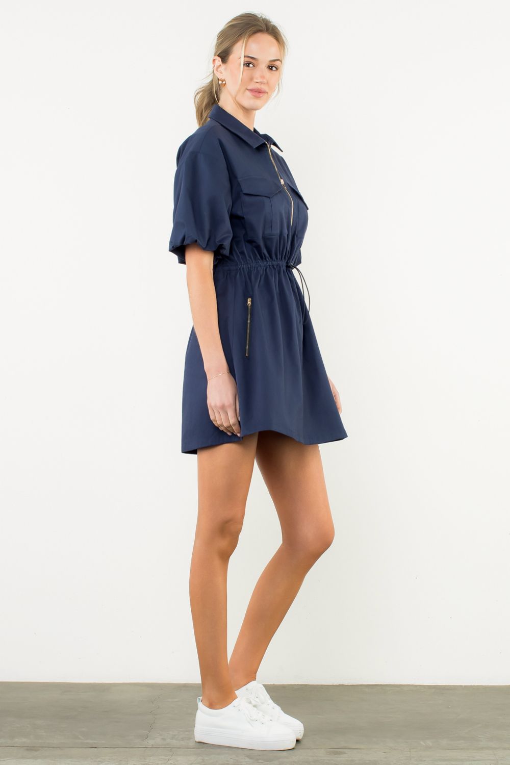 THML Puff Sleeve Half Zip Dress Navy