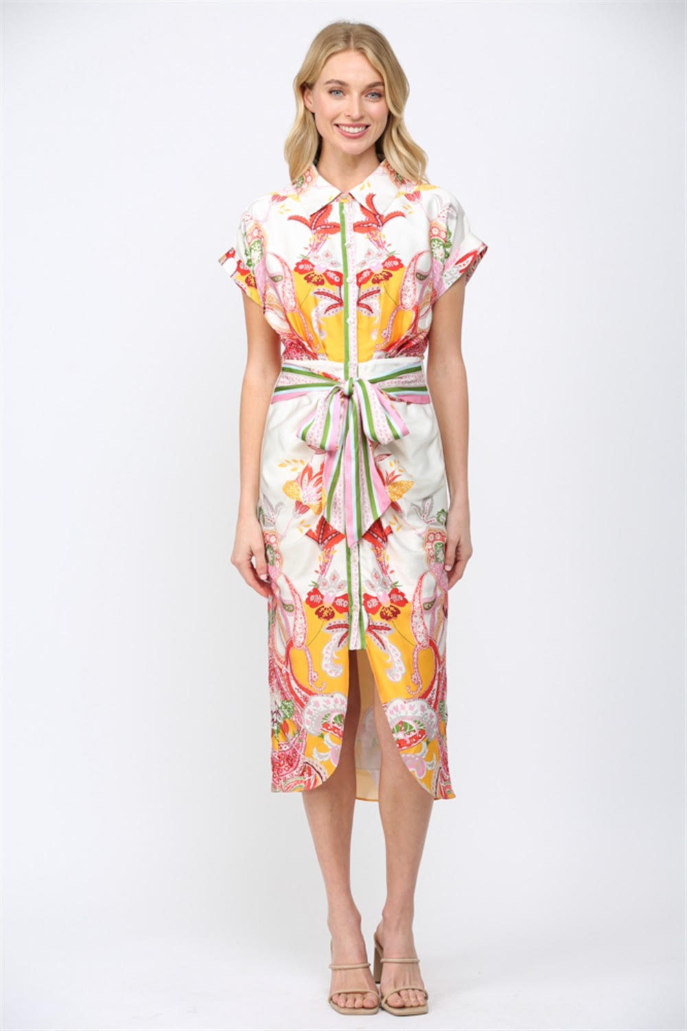 Botanic Scarf Self Tie Waist Button Down Dress