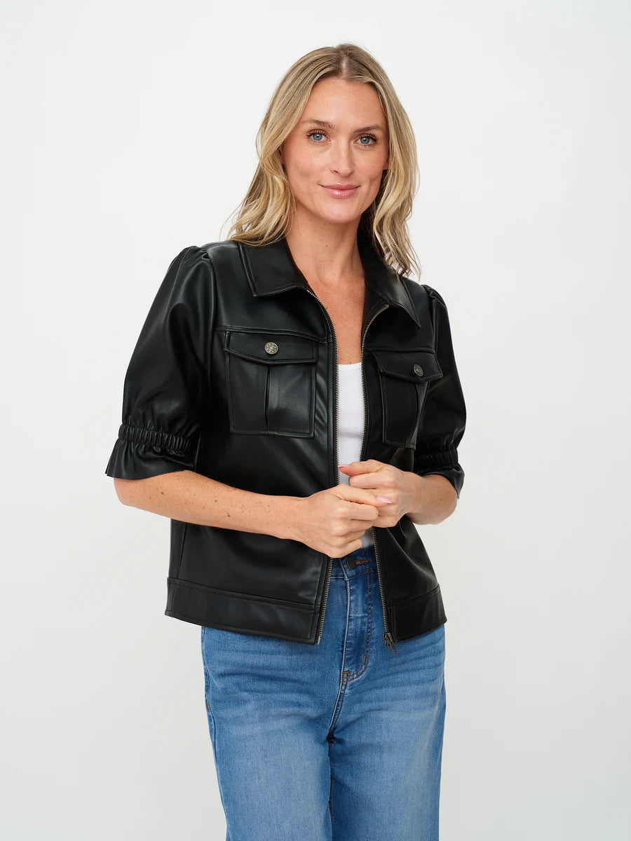 SIX/FIFTY Faux Leather Flutter Sleeve Jacket Black