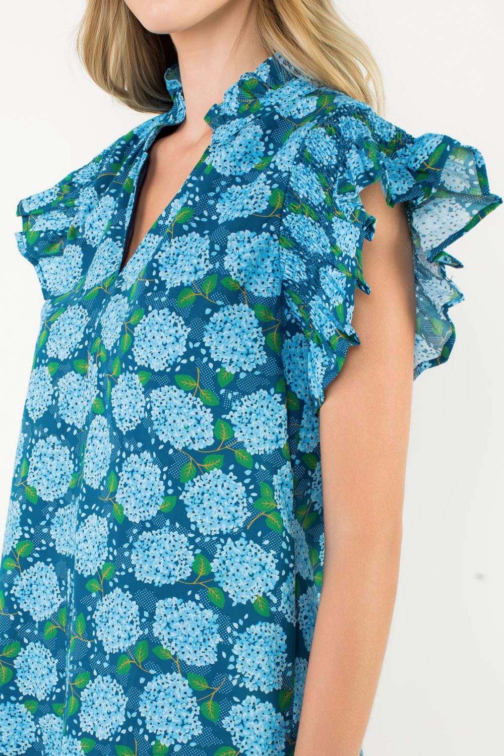 THML Flutter Sleeve Hydrangea Print Dress Blue
