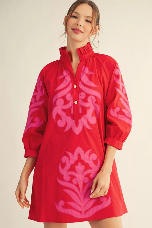 Applique Shift Dress Red